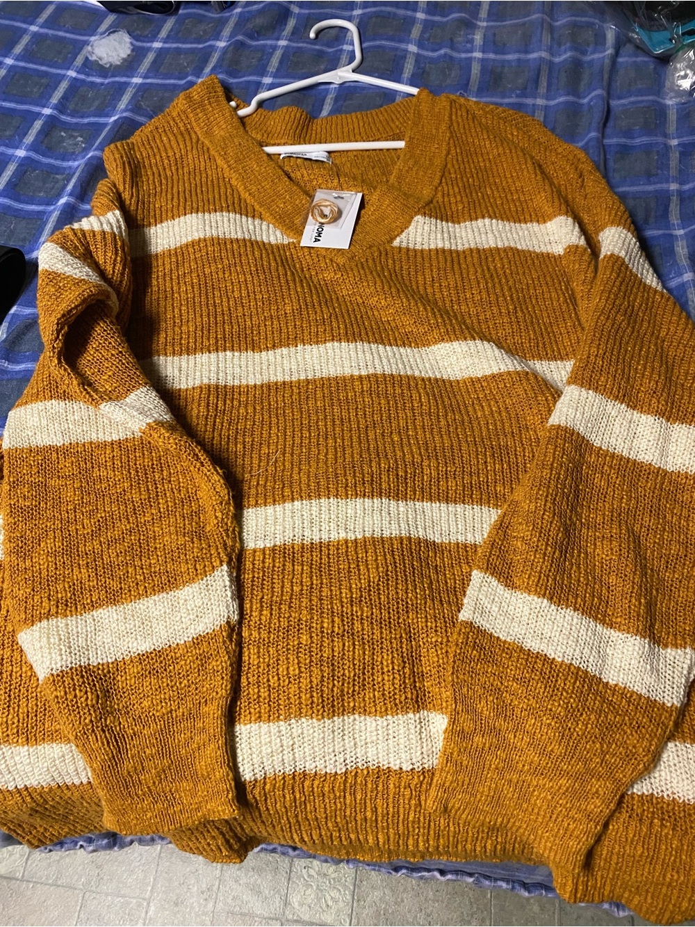 Sonoma V-Neck Striped Sweater in Mustard and Cream